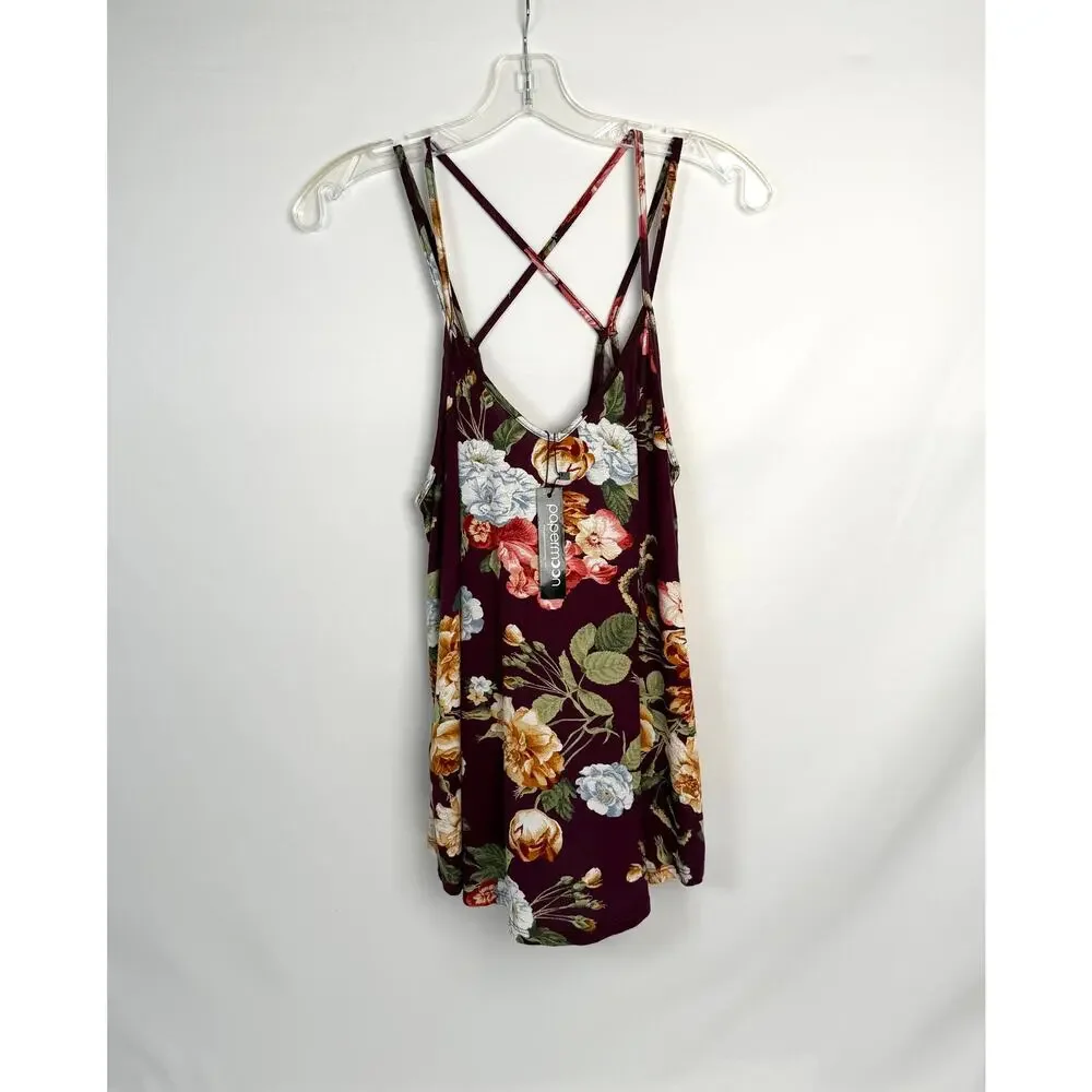 Papermoon Floral Criss Cross Tank Top XL Burgundy Sleeveless Cami NWT Boho